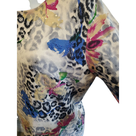 Nancy Bolen City Girl Top Med Y2K Glam Leopard Floral Sequin Knit Beaded Sweater - Picture 5 of 10